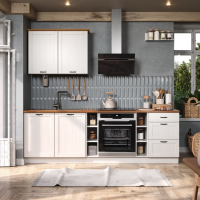 Cozinha completa composta por 4 módulos e uma prateleira na cor branco lavado com honey / coleção Alma